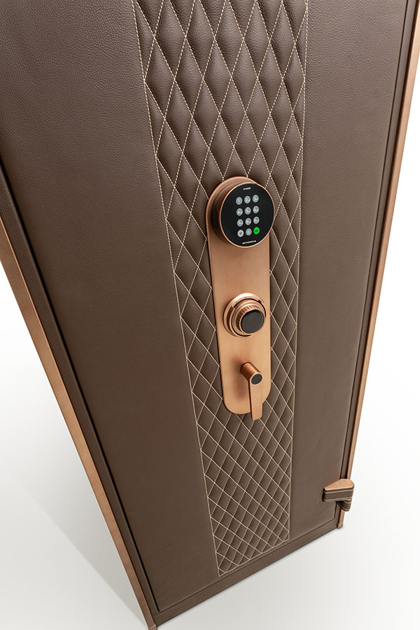 6024 bespoke leather safe with stitched brown leather and oil-rubbed bronze accents